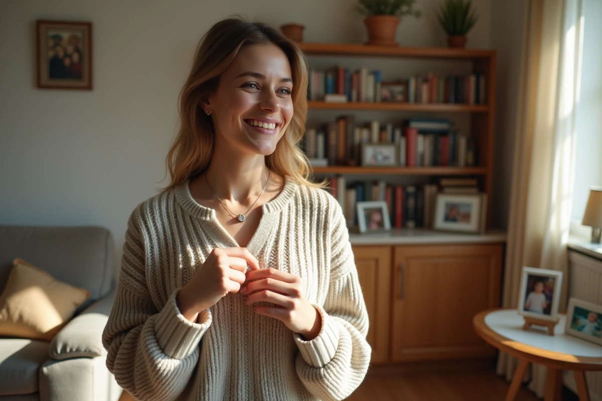 Jeune femme en pull douce portant un collier en argent