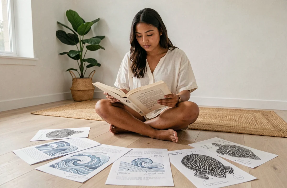 Jeune femme polynésienne consultant un dictionnaire de symboles de tatouage polynésien avec des pages imprimées annotées de motifs enata, vagues et carapace de tortue