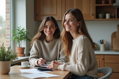 Femme souriante en cuisine avec carnet et calculatrice