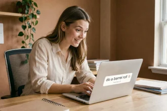 Jeune femme découvrant l'easter egg Google Do a Barrel Roll sur son ordinateur portable avec une expression amusée