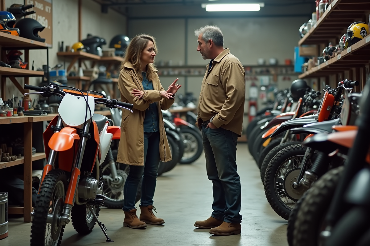 Femme discutant avec un mécanicien dans un atelier moto