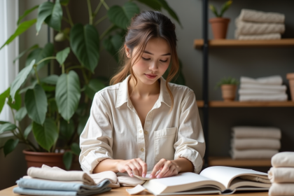 Jeune femme compare echantillons de tissus eco-responsables