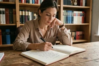 Femme réfléchissant à l'accord du verbe penser en écrivant dans un carnet sur un bureau en bois