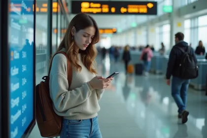 Jeune femme inquiète vérifiant son smartphone à l'aéroport