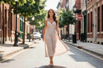Femme en robe légère marchant dans une rue ensoleillée
