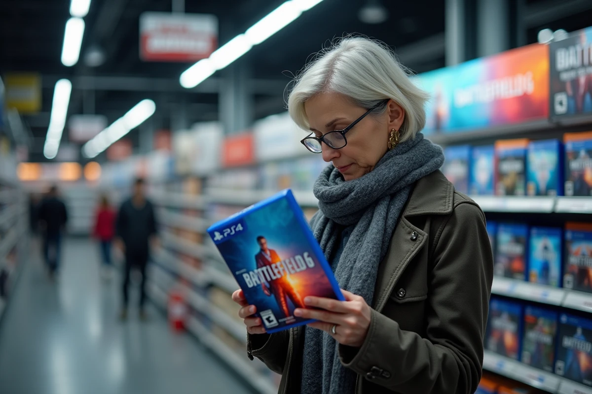 Femme vérifiant une boîte de Battlefield 6 en magasin