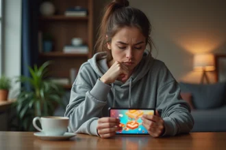Femme frustrée regardant l'application Monopoly GO sur son smartphone, ratant des récompenses gratuites