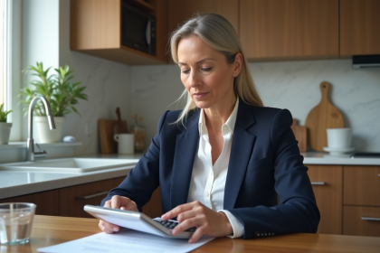 Femme d age moyen examine documents de mortgage à la maison