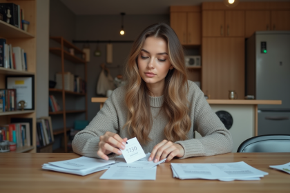 Jeune femme triant des reçus dans son appartement