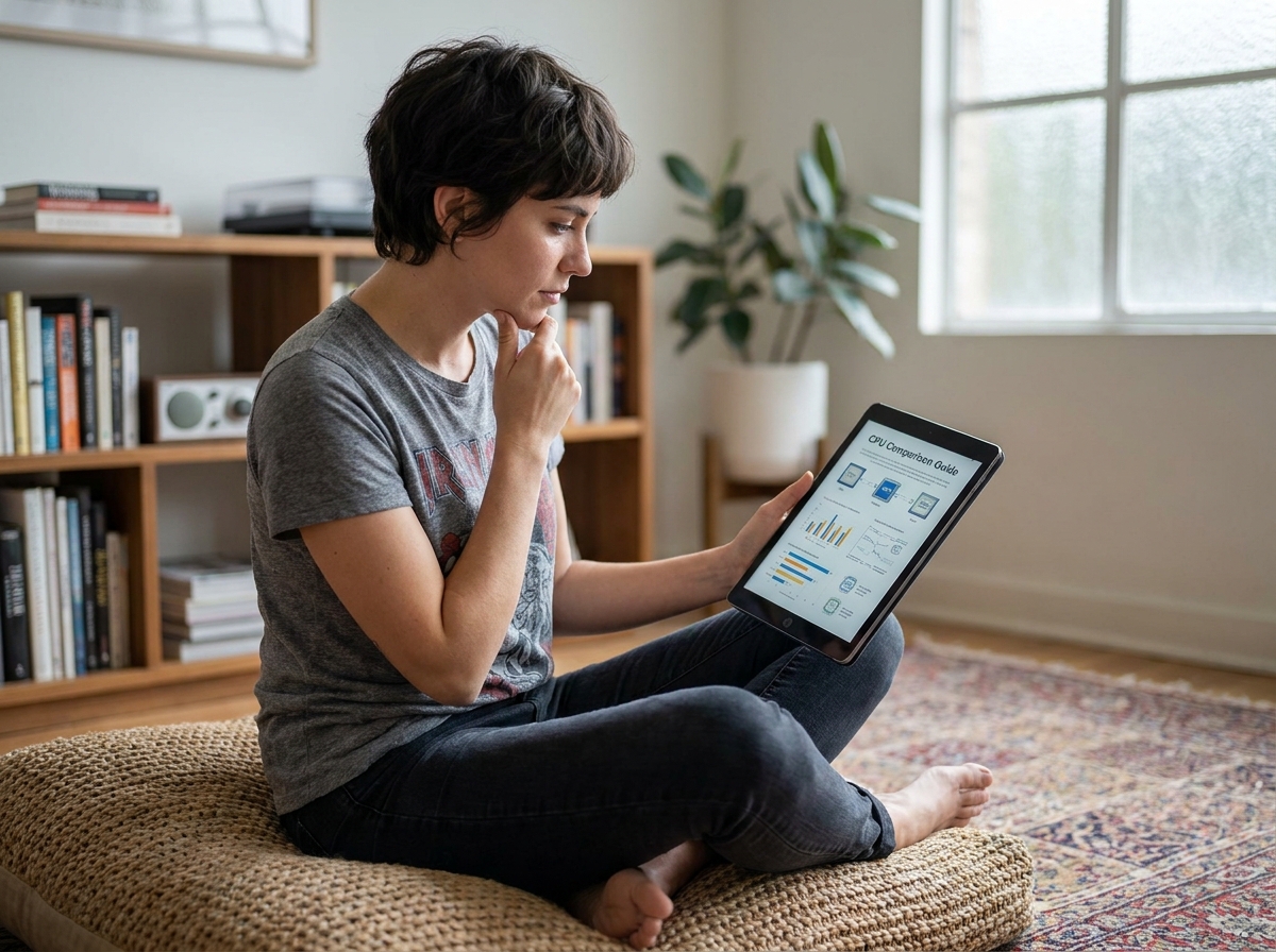 Femme assise sur un coussin au sol consultant un guide de sélection de processeur sur une tablette dans un salon moderne et décontracté