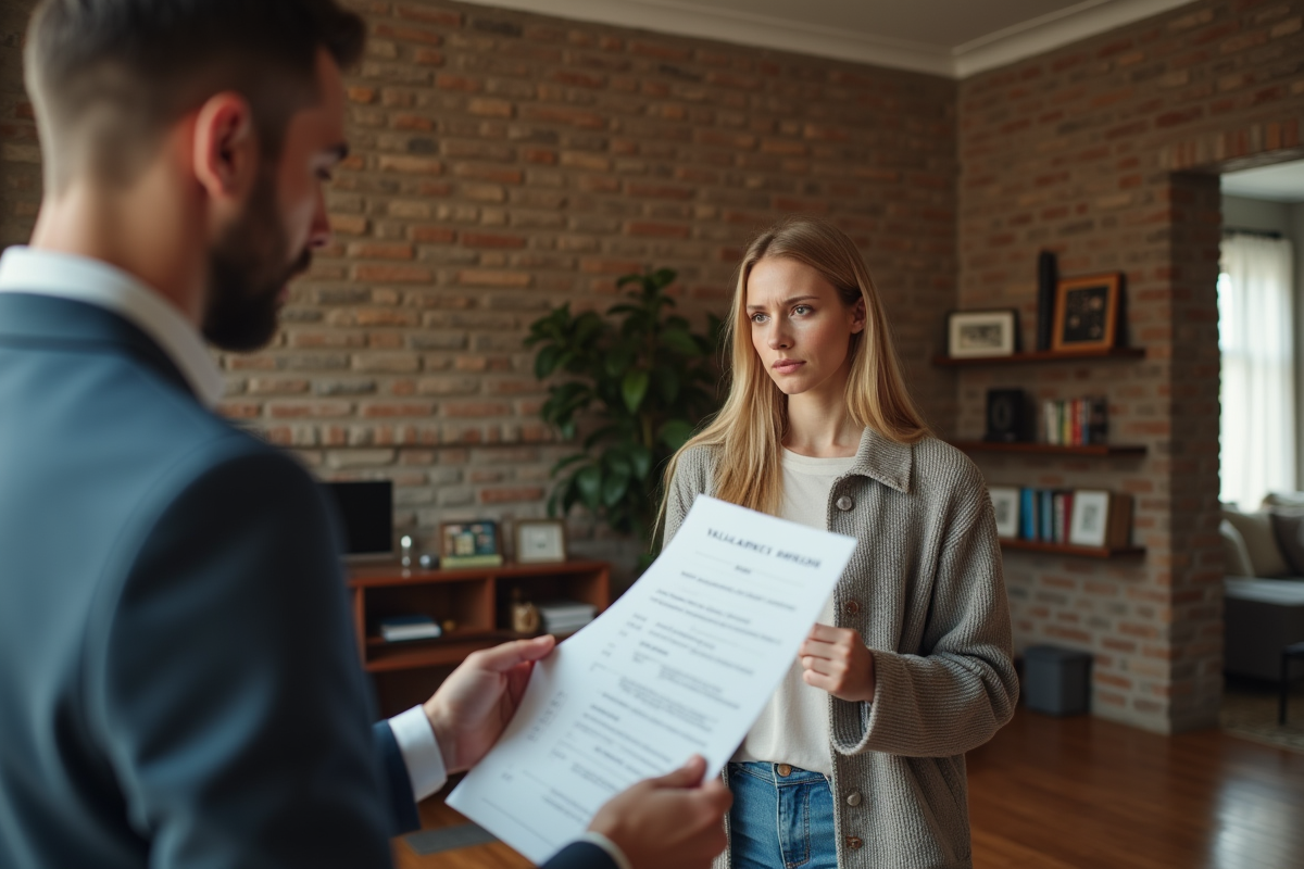 Jeune femme dans son appartement regarde un rapport immobilier