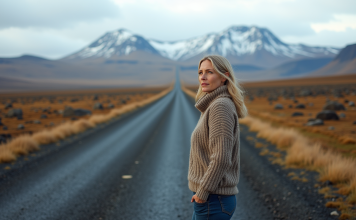 Femme islandaise en pull laineux sur route rurale