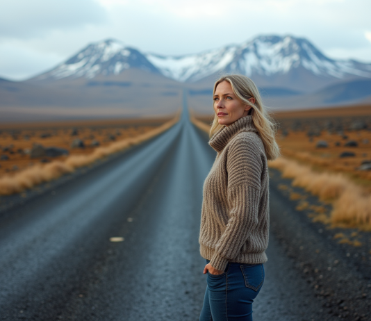 Femme islandaise en pull laineux sur route rurale