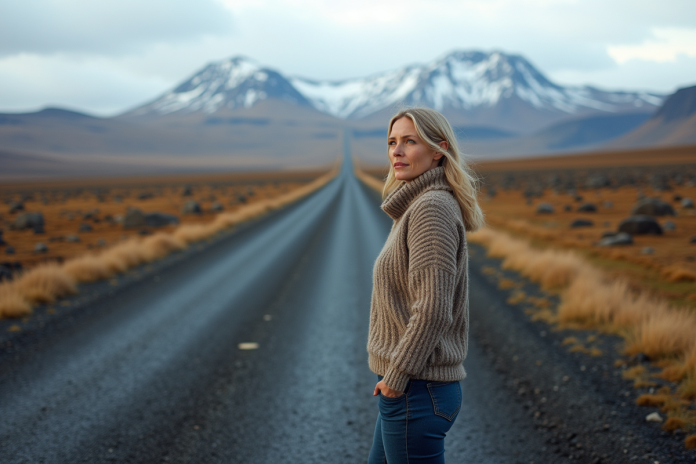 Femme islandaise en pull laineux sur route rurale