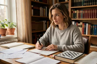 Femme concentrée résolvant un jeu de mots Pédantix à son bureau entouré de dictionnaires et de notes manuscrites