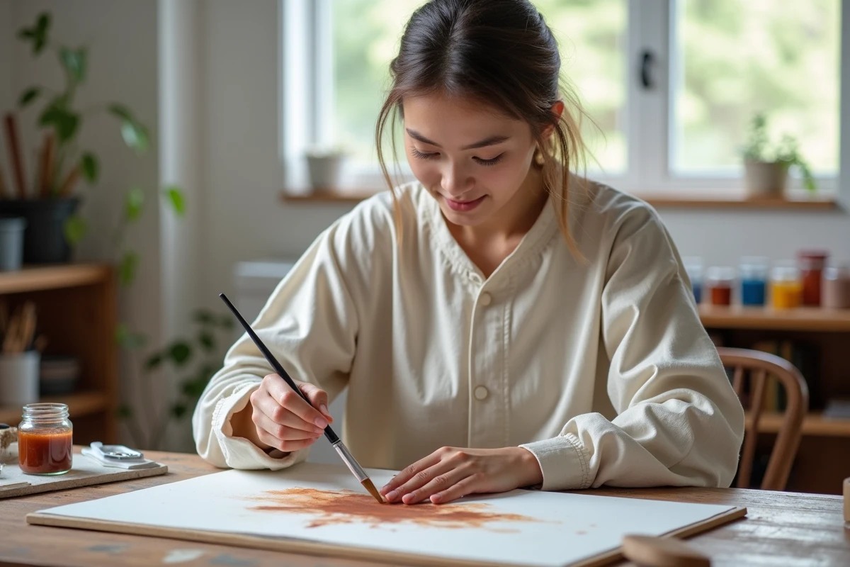 Jeune femme mélangeant des pigments aquarelle pour créer une couleur marron sur papier