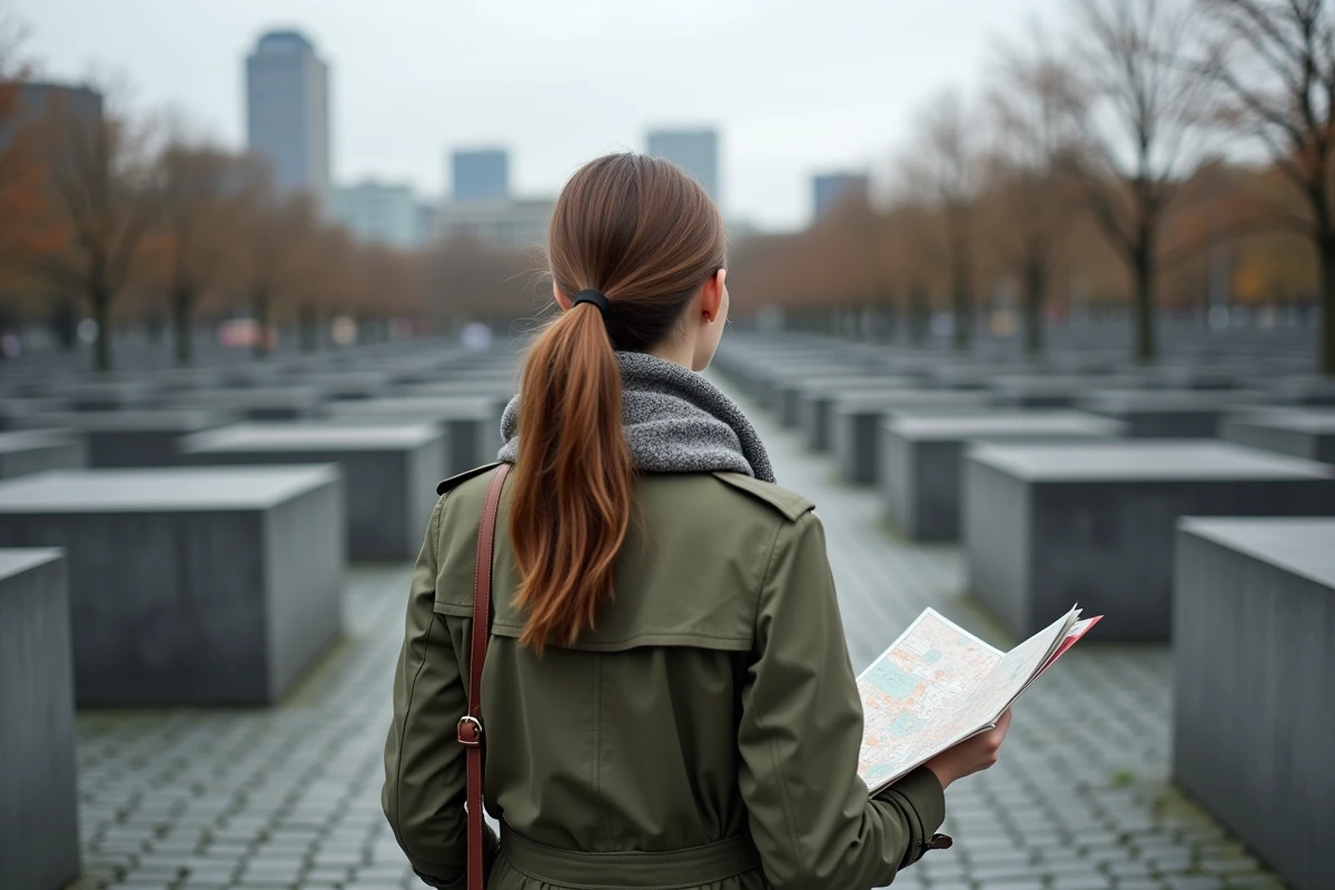 Jeune femme dans le mémorial de Berlin avec carte