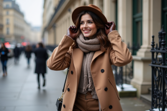 Femme élégante en hiver à Paris ajustant son chapeau