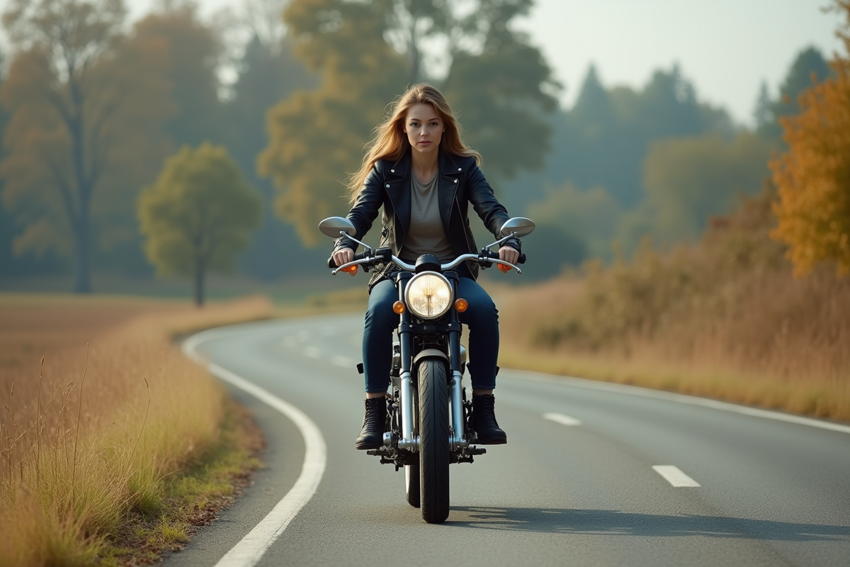 Jeune femme en moto dans la campagne