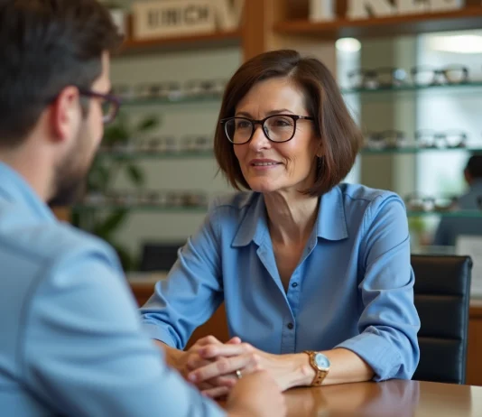 Pourquoi faire appel à un professionnel local pour vos besoins en optique Femme d'âge moyen discutant avec un opticien dans une boutique moderne