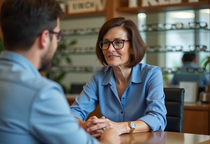 femme-opticien-boutique Femme d'âge moyen discutant avec un opticien dans une boutique moderne