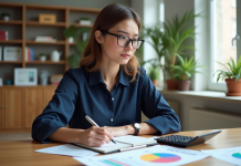 Jeune femme organisée prenant des notes sur son budget