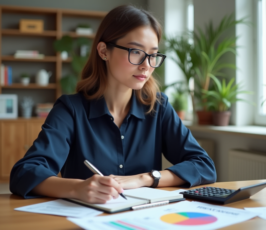 Jeune femme organisée prenant des notes sur son budget