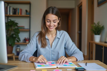 Jeune femme organisant un planner dans un bureau moderne