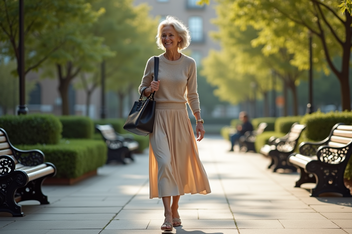 Femme sophistiquée marchant dans un parc urbain en mouvement