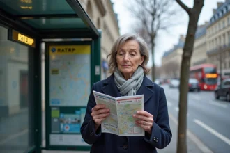 Femme consultant le plan de la ligne de bus 92 RATP à un arrêt parisien