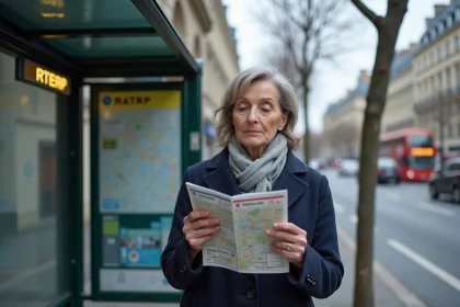 Femme consultant le plan de la ligne de bus 92 RATP à un arrêt parisien