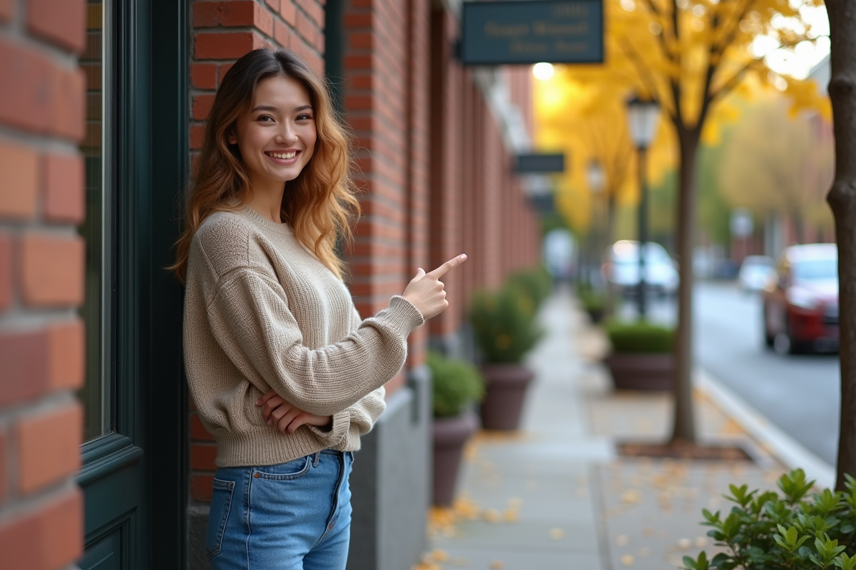 Jeune femme souriante pointant vers fenêtres double vitrage