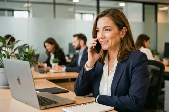 Femme professionnelle en blazer marine téléphonant depuis un bureau moderne avec un smartphone, illustrant un appel professionnel avec indicatif pays 212