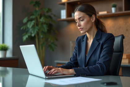 Femme d'affaires concentrée travaillant sur une facture dans un bureau moderne