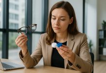 Lunettes de vue ou lentilles : comment choisir selon son mode de vie Femme professionnelle regardant ses lunettes et lentilles
