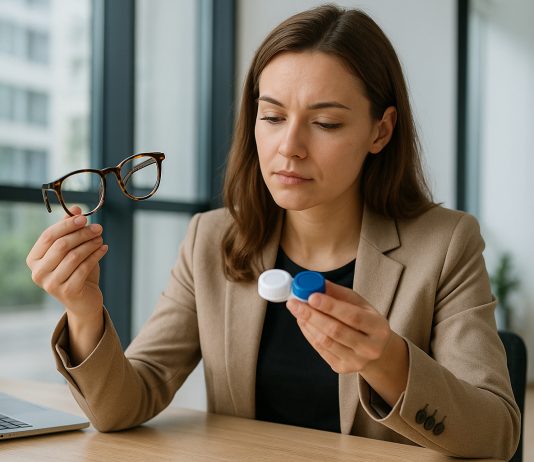 Lunettes de vue ou lentilles : comment choisir selon son mode de vie Femme professionnelle regardant ses lunettes et lentilles