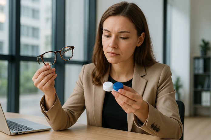 Femme professionnelle regardant ses lunettes et lentilles