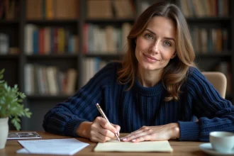 Femme rédigeant un message de remerciement manuscrit sur du papier crème avec un stylo plume dans un bureau cosy