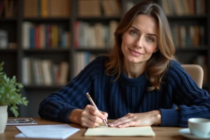 Femme rédigeant un message de remerciement manuscrit sur du papier crème avec un stylo plume dans un bureau cosy
