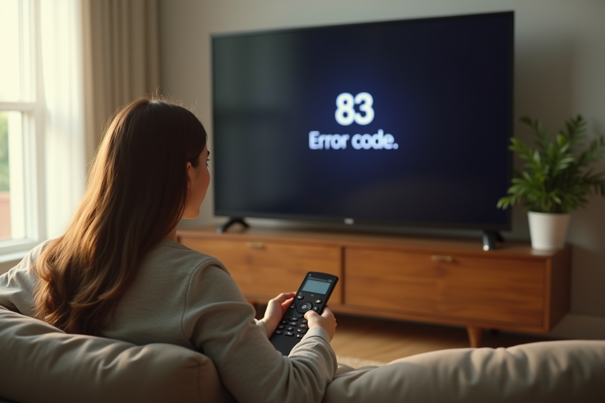 Jeune femme frustrée regardant la télévision avec erreur Disney+ 83