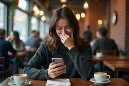 Jeune femme qui rit en consultant son téléphone dans un café, réaction typique face à l'humour noir sur les réseaux sociaux