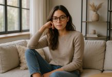 Comment allier style et confort visuel au quotidien Jeune femme assise confortablement dans un salon élégant