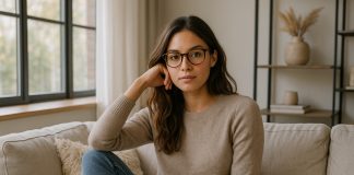 Comment allier style et confort visuel au quotidien Jeune femme assise confortablement dans un salon élégant