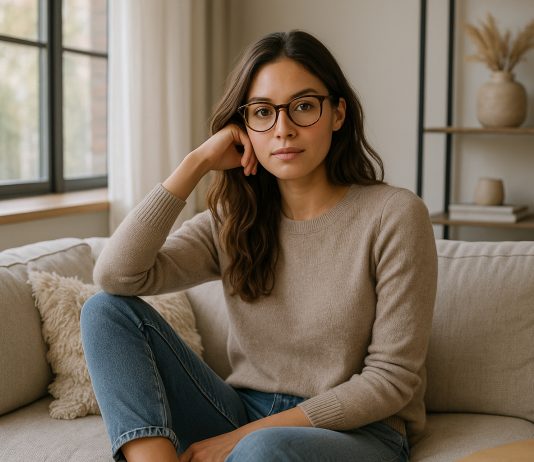 Comment allier style et confort visuel au quotidien Jeune femme assise confortablement dans un salon élégant