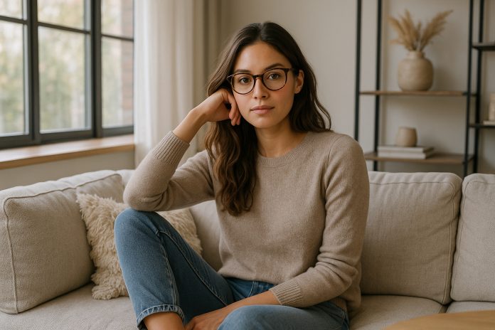 femme-salon-confort-elegant Jeune femme assise confortablement dans un salon élégant