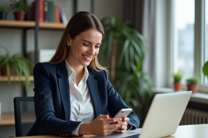 Femme en blazer bleu vérifiant une transaction crypto