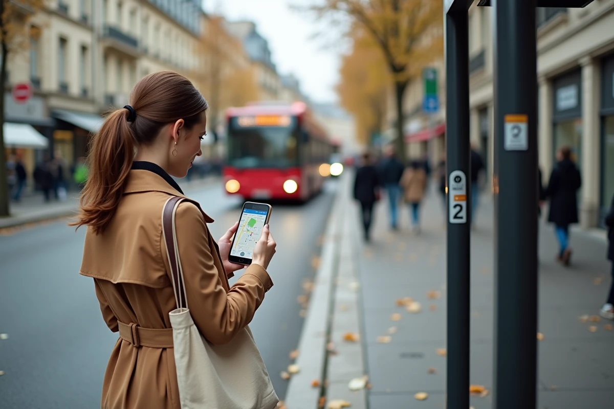 Femme vérifiant l'itinéraire du bus 92 RATP sur smartphone près d'un arrêt à Paris