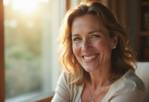 Femme souriante dans un salon lumineux avec lumière naturelle