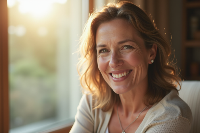 Femme souriante dans un salon lumineux avec lumière naturelle