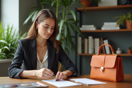 Femme élégante en bureau avec sacs à main et papeterie